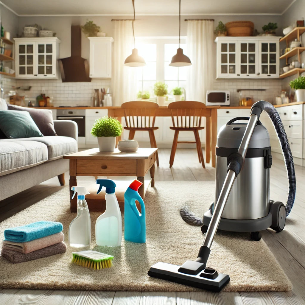 DALLE 2024-09-29 193641 - A cozy modern home interior with a focus on deep cleaning The image shows a living room or kitchen with sparkling clean surfaces fresh carpets and