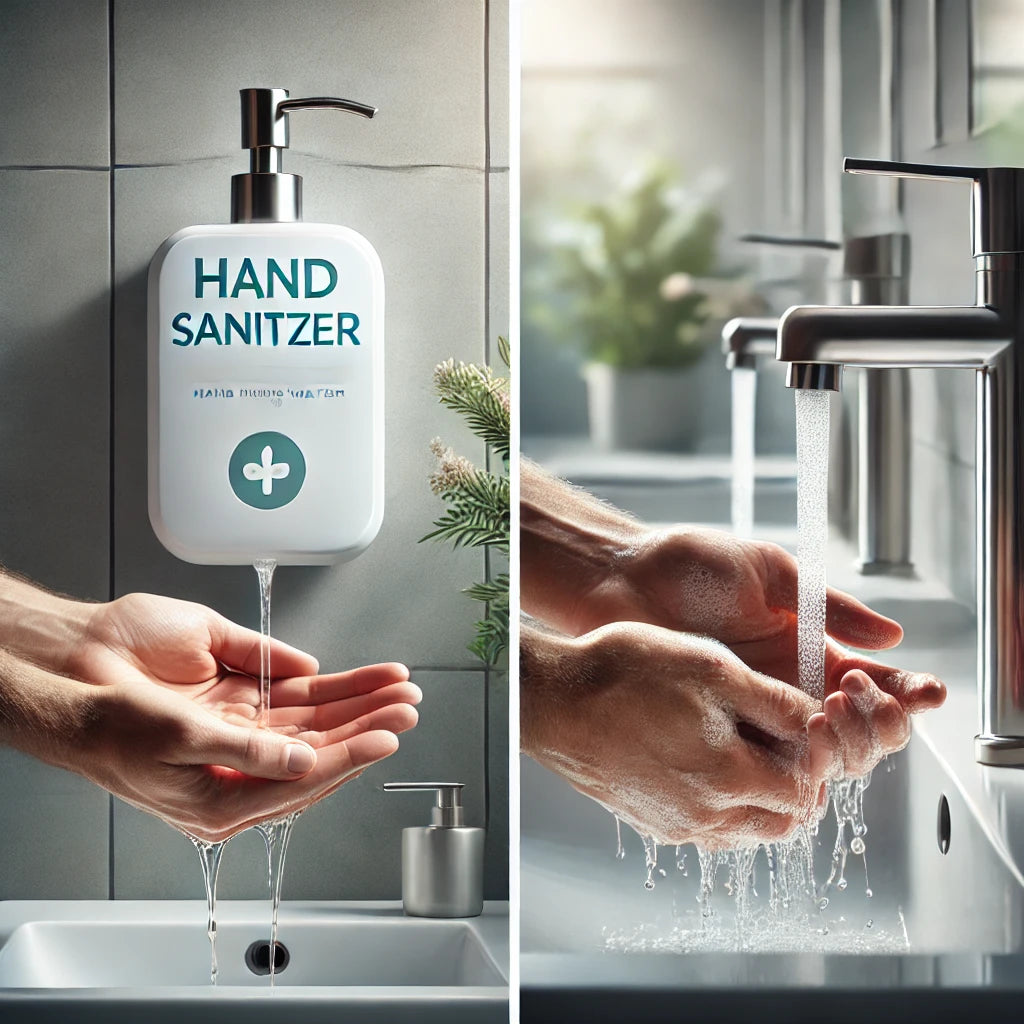 DALLE 2024-09-29 201142 - A side-by-side comparison image of hand sanitizer and hand washing in a clean bright restroom setting One side shows hands using a hand sanitizer di