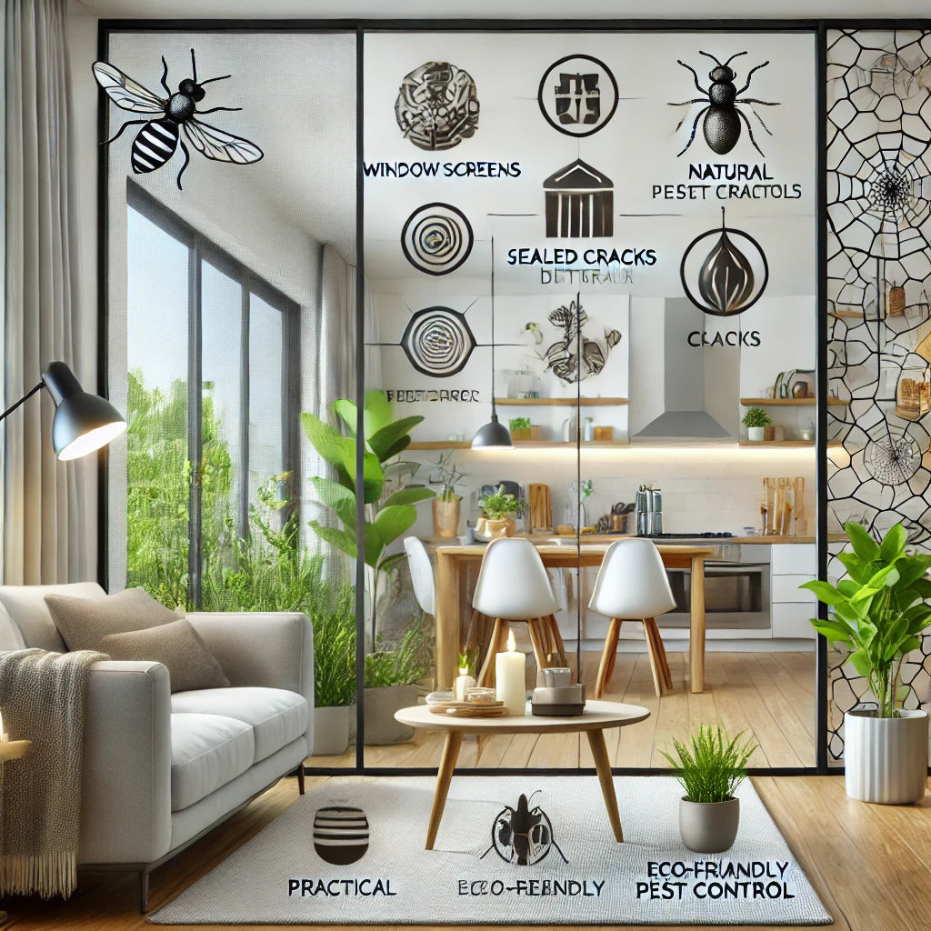 DALLE 2024-09-29 202522 - A modern home interior with visible signs of pest control such as window screens sealed cracks and natural pest deterrents like citronella candles