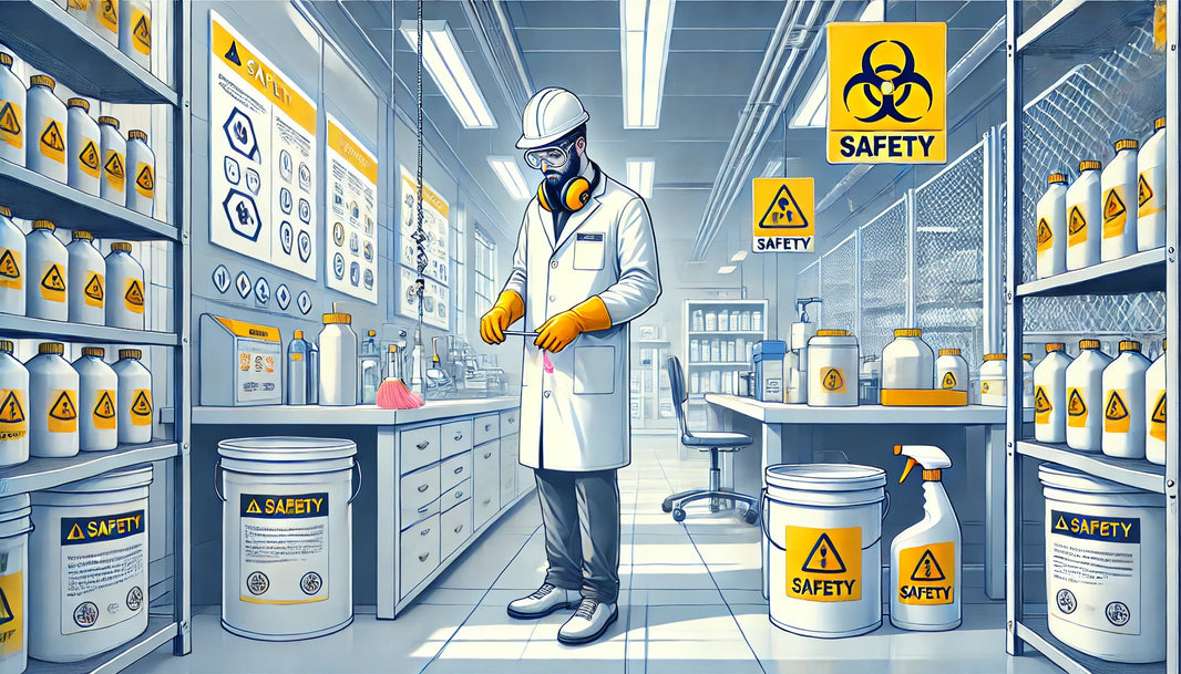 DALLE 2024-12-01 232233 - A vibrant and professional illustration depicting a workplace safety theme Show a worker in safety gear including gloves goggles and a lab coat c