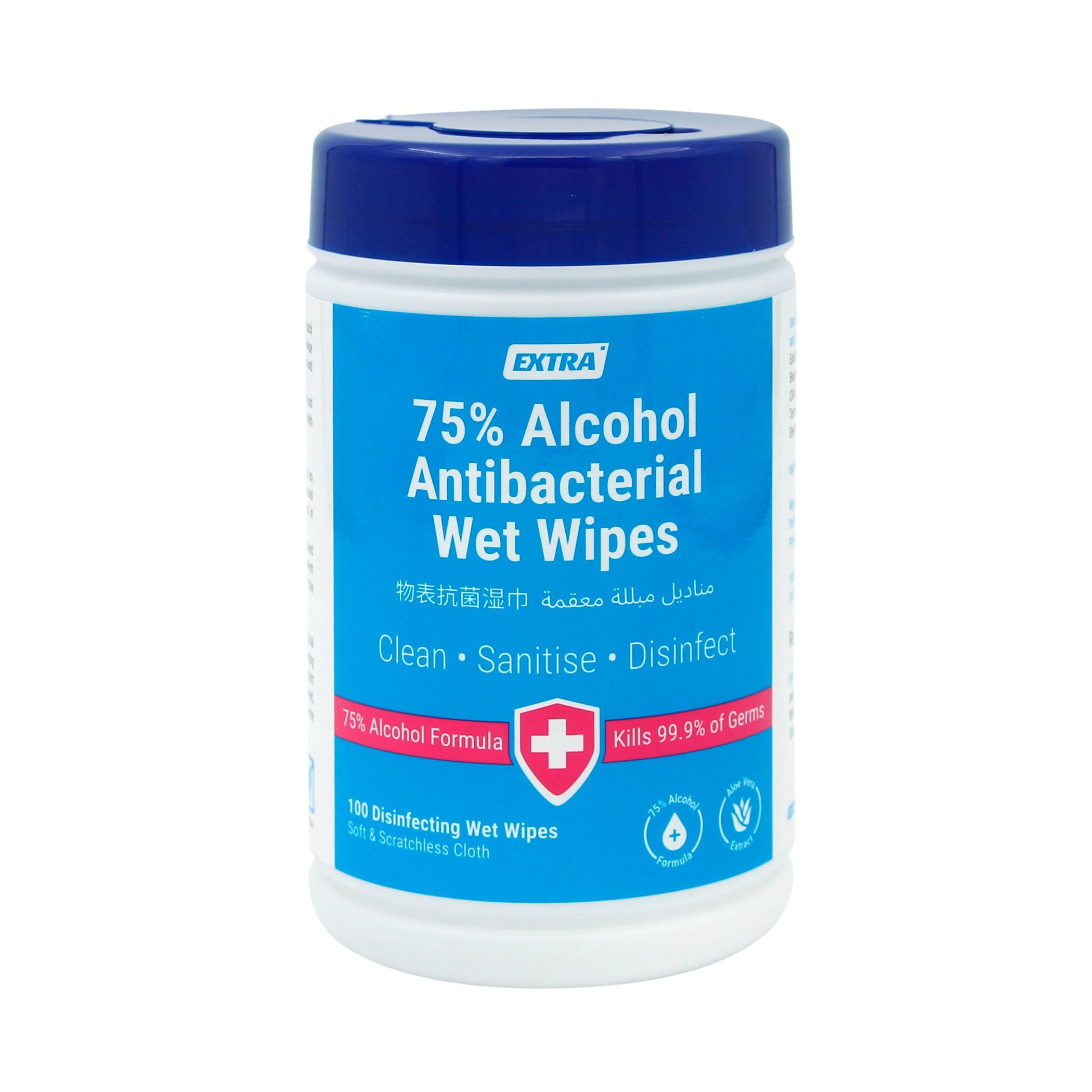 Extra Antibacterial 75 alcohol wet wipes 100s front