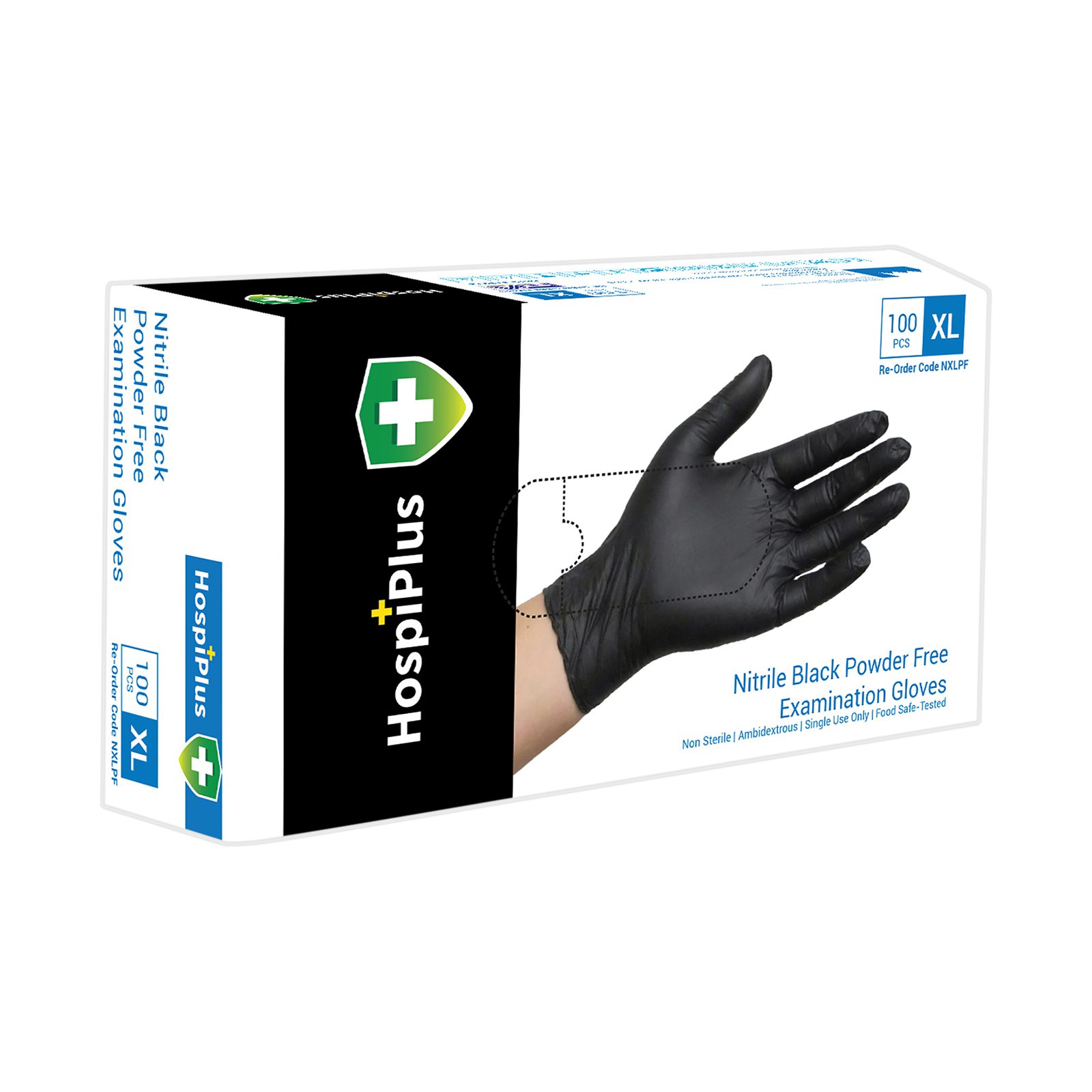 HospiPlus Nitrile Powder-Free Glove, Black, Extra Large, 100 pcs