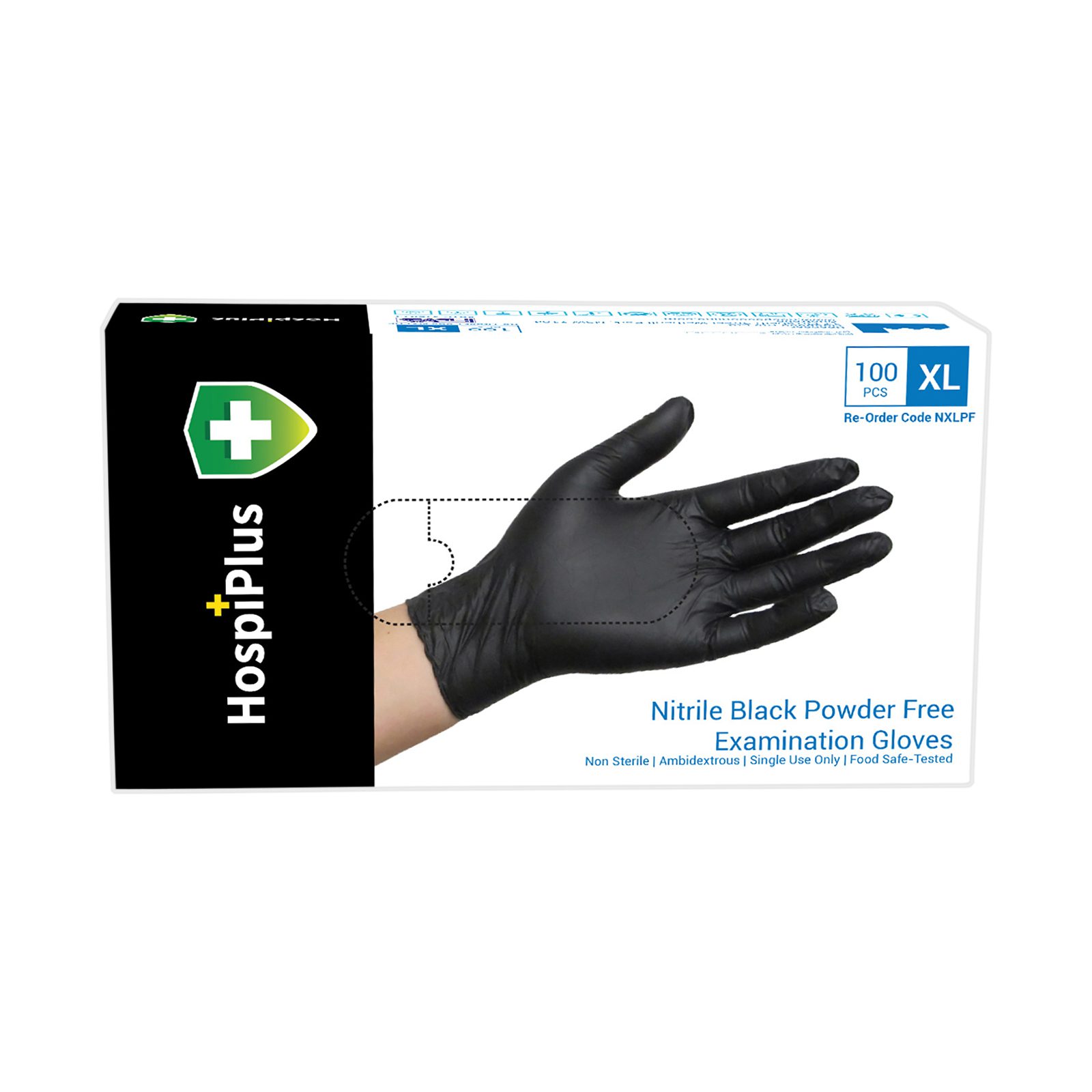 HospiPlus Nitrile Powder-Free Gloves, Black, Large, 100 pcs