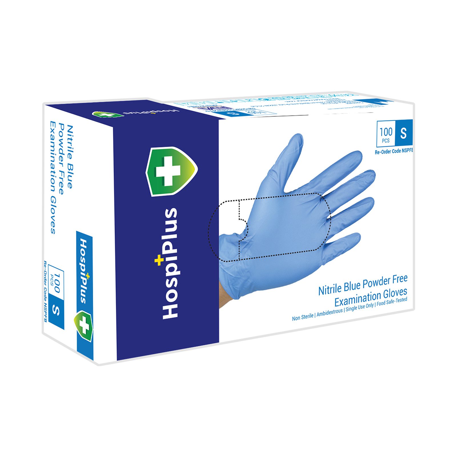 HospiPlus Blue Nitrile Powder-Free Gloves, Extra Large, 100 pcs