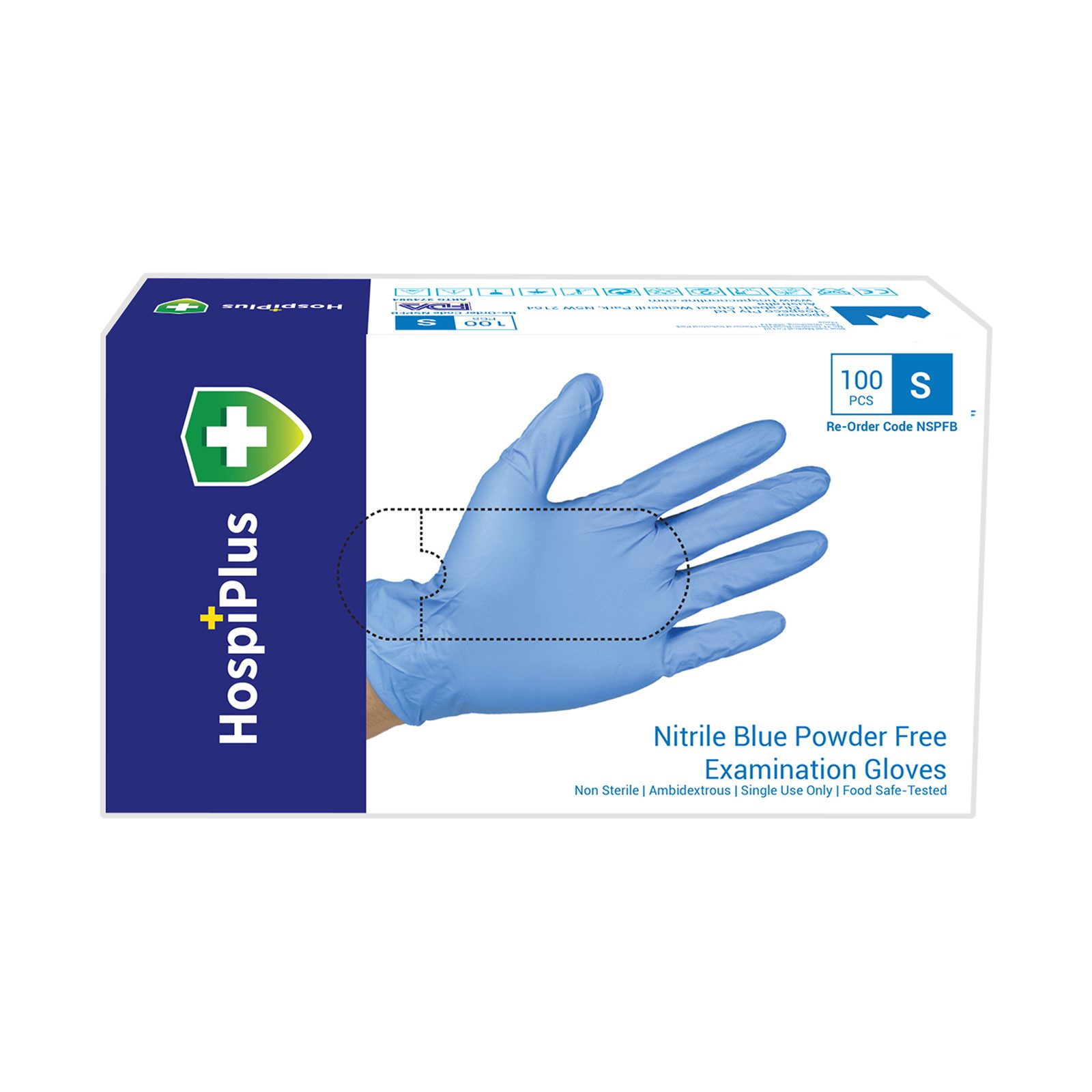 HospiPlus Blue Nitrile Powder-Free Gloves, Large, 100 pcs