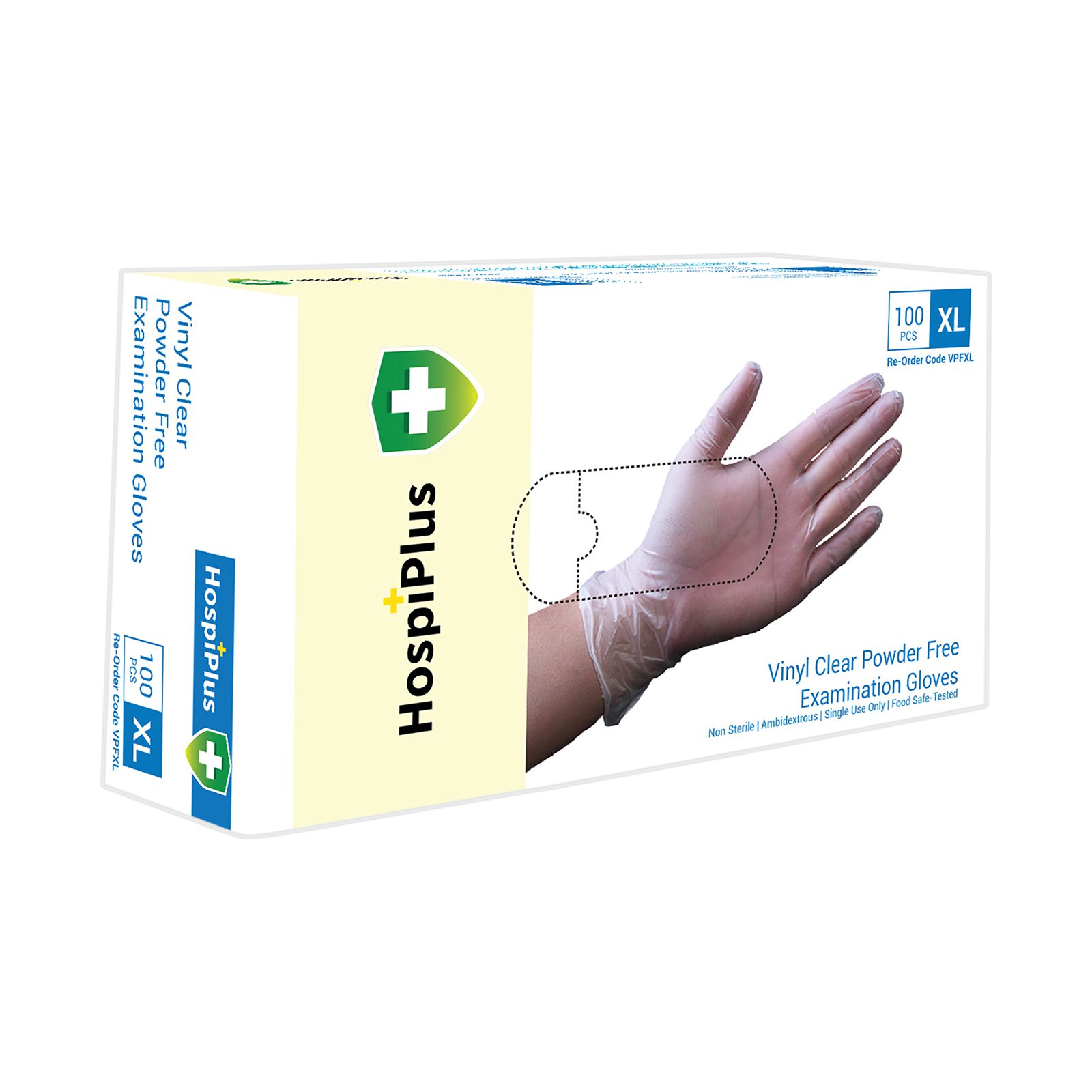 HospiPlus Vinyl Powder-Free Gloves, Clear, Extra Large, 100 pcs