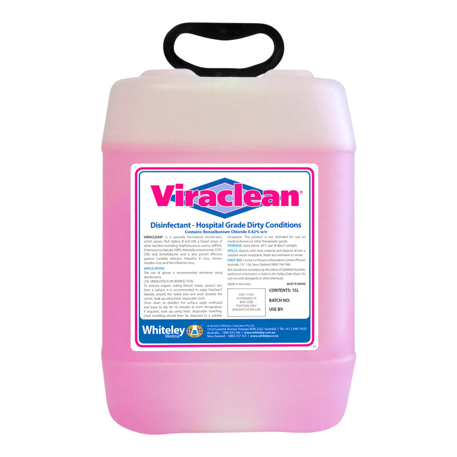 WC 210555 Whiteley Viraclean Hospital-Grade Disinfectant pH-Neutral Non-Corrosive Front 15L