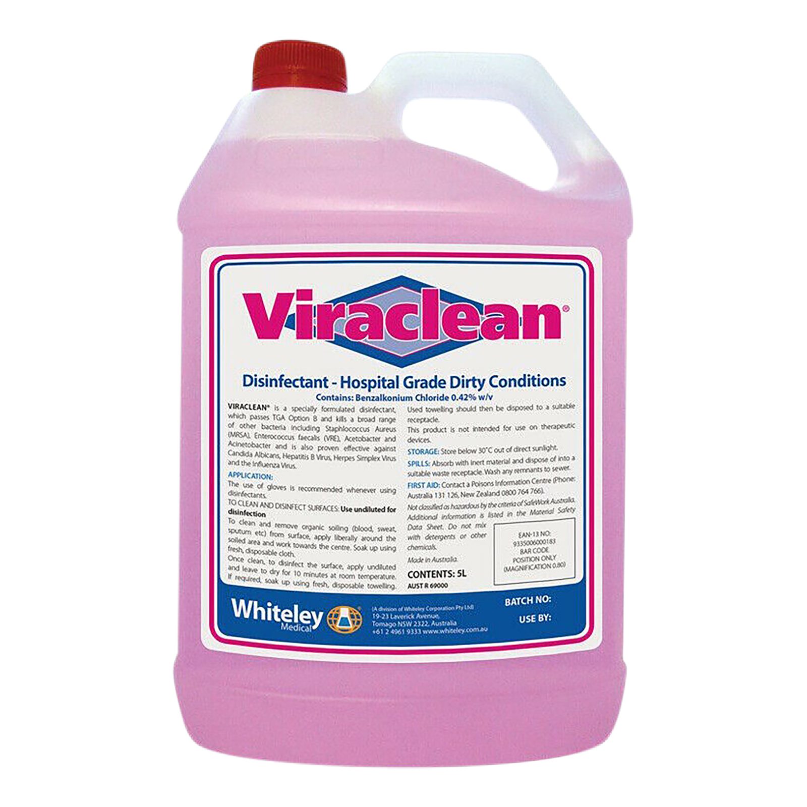 Whiteley Viraclean Hospital Grade Disinfectant, pH Neutral and Non-Corrosive, 5 L