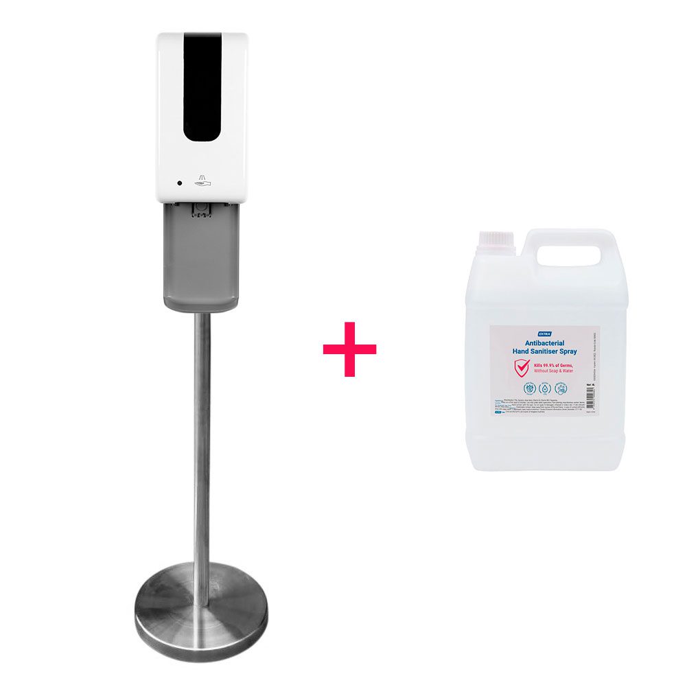 euromax free standing automatic spray touch free hand soap sanitiser dispenser drip tray 1.2L refill