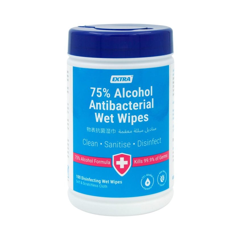 Extra Antibacterial 75 alcohol wet wipes 100s front