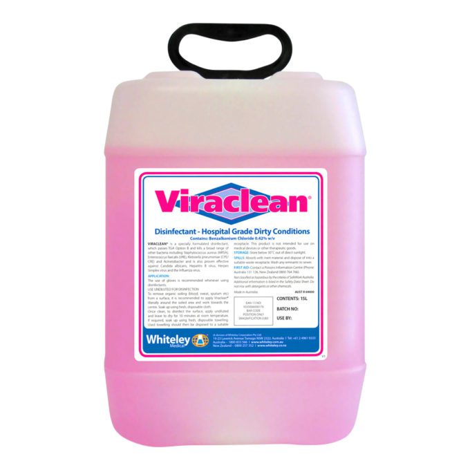 WC 210555 Whiteley Viraclean Hospital-Grade Disinfectant pH-Neutral Non-Corrosive Front 15L